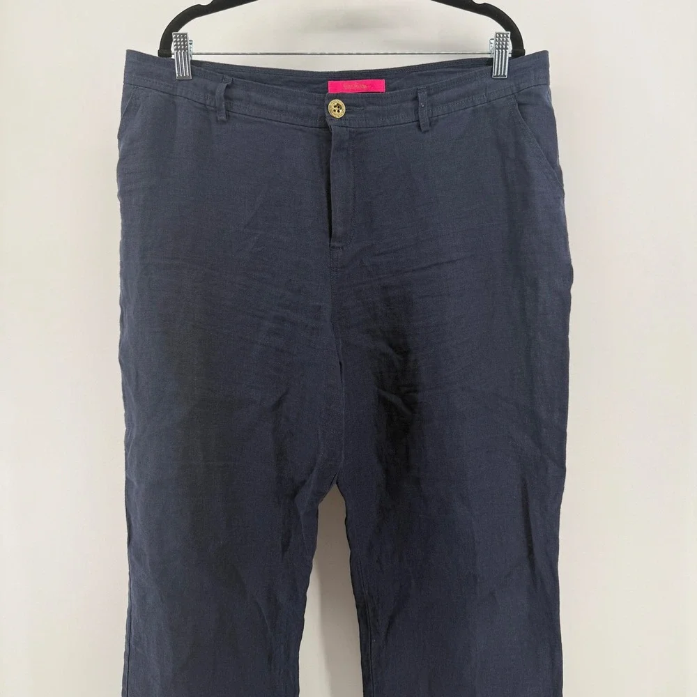 Lilly Pulitzer Navy Blue Linen Straight Leg Pants Womens Size‎ 16 Mid Rise
